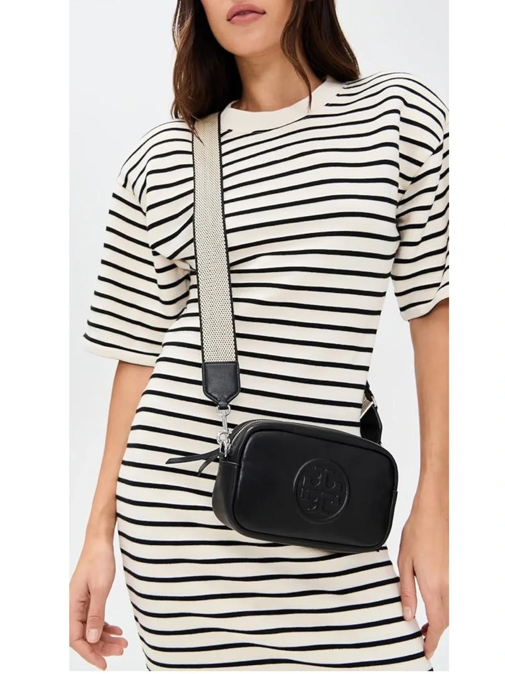 Tory Burch Black Miller Soft Mini Crossbody Bag with Woven Strap - New